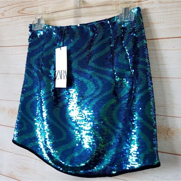 Zara Sequin High Waisted Mini Skirt in Blue and Green Wave Pattern Retro Size XS - Picture 8 of 12
